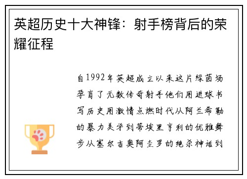 英超历史十大神锋：射手榜背后的荣耀征程