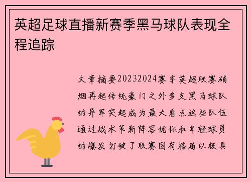 英超足球直播新赛季黑马球队表现全程追踪