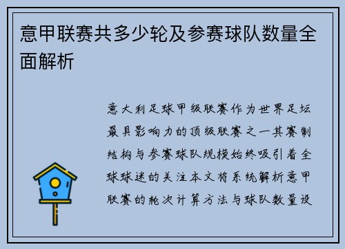意甲联赛共多少轮及参赛球队数量全面解析
